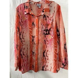 Worthington Womens Blouse‎ Size Large Orange Snakeskin Silk Button Down